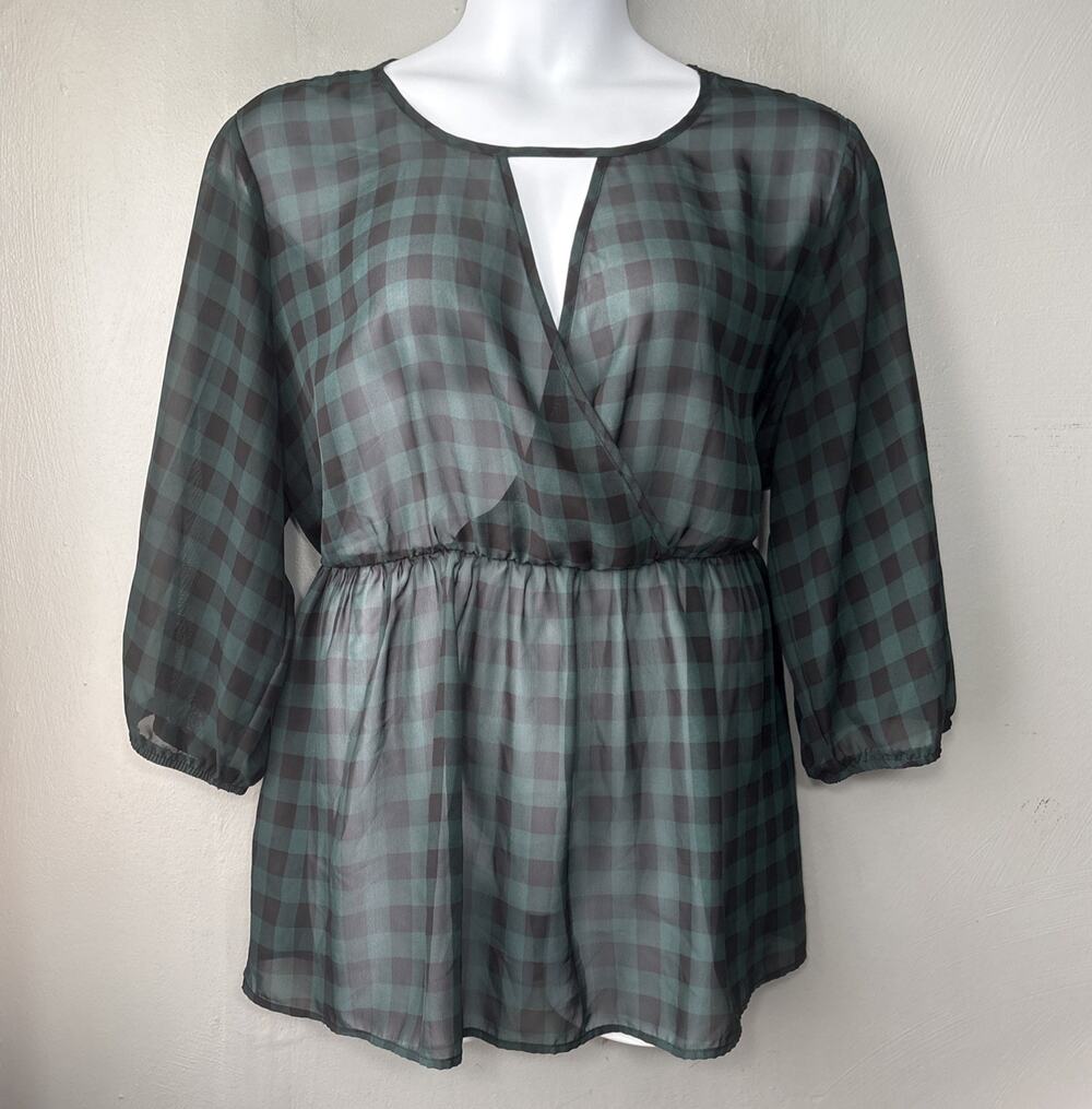 Torrid Sheer Top Plus Size 3 3X Green Black Checkered Gingham Peasant Babydoll
